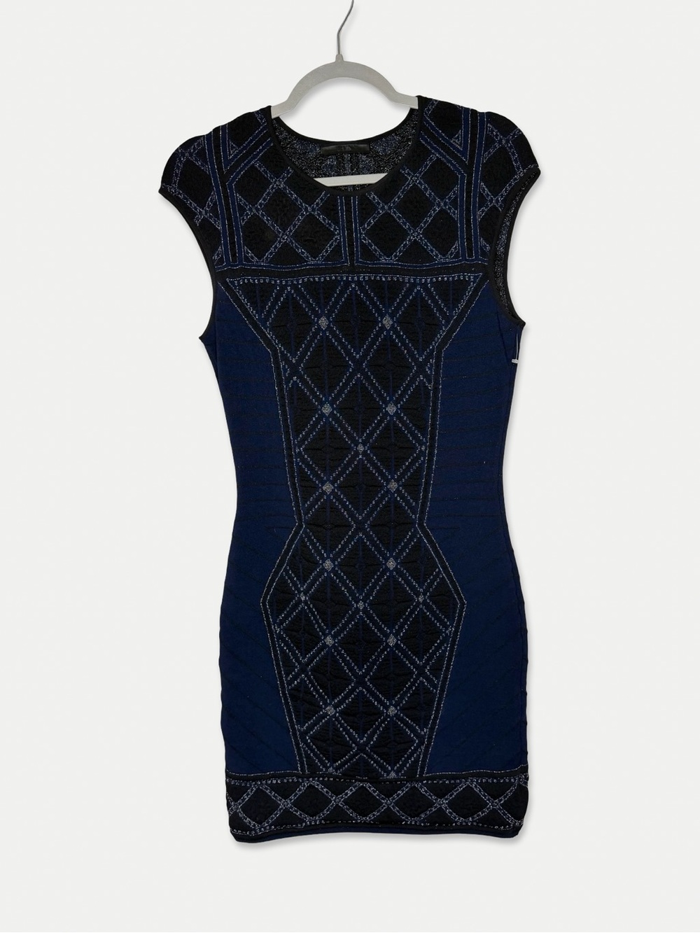 RVN Knee Length Dress Size Large Blue Black Metallic GUC